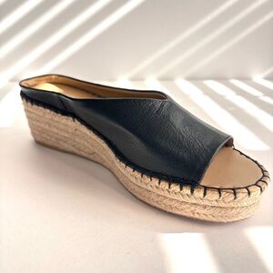 Franco Sarto L-Pine Black Leather Espadrille Wedge Slide Size 8.5